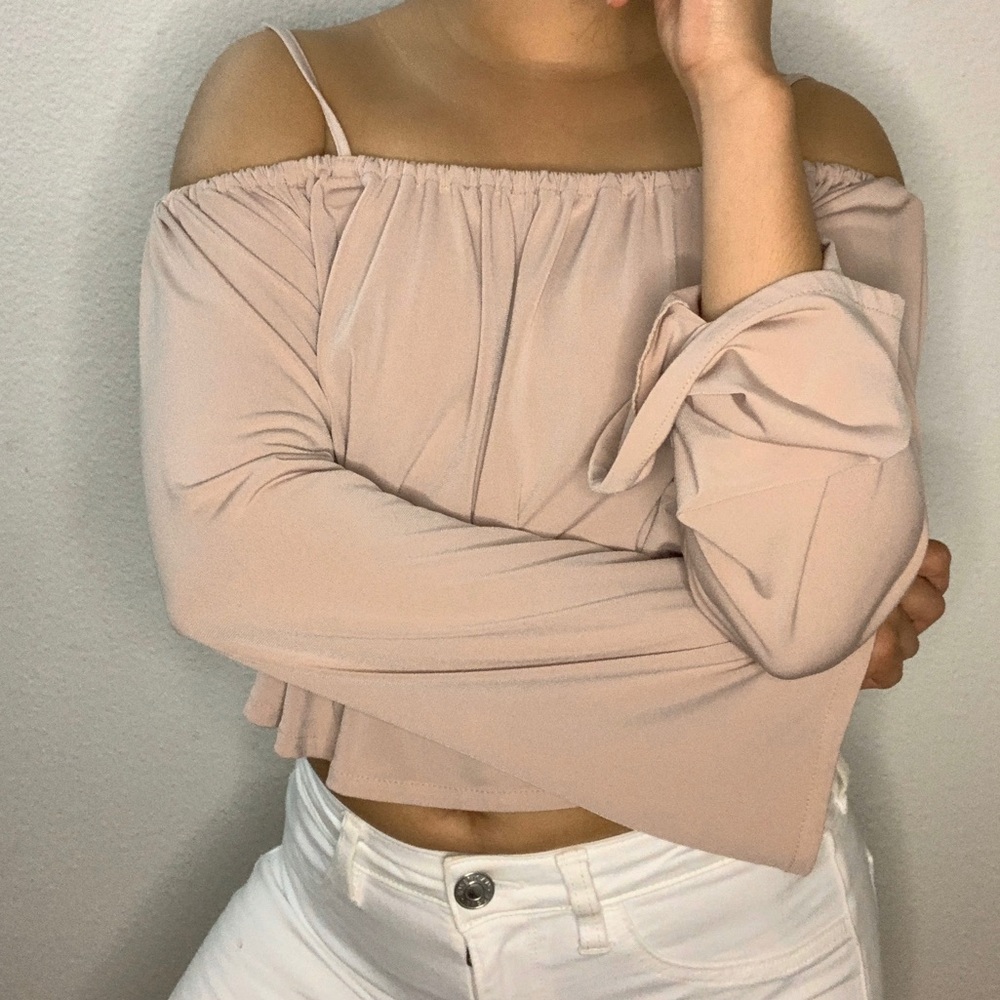 Nude pink over the shoulder blouse